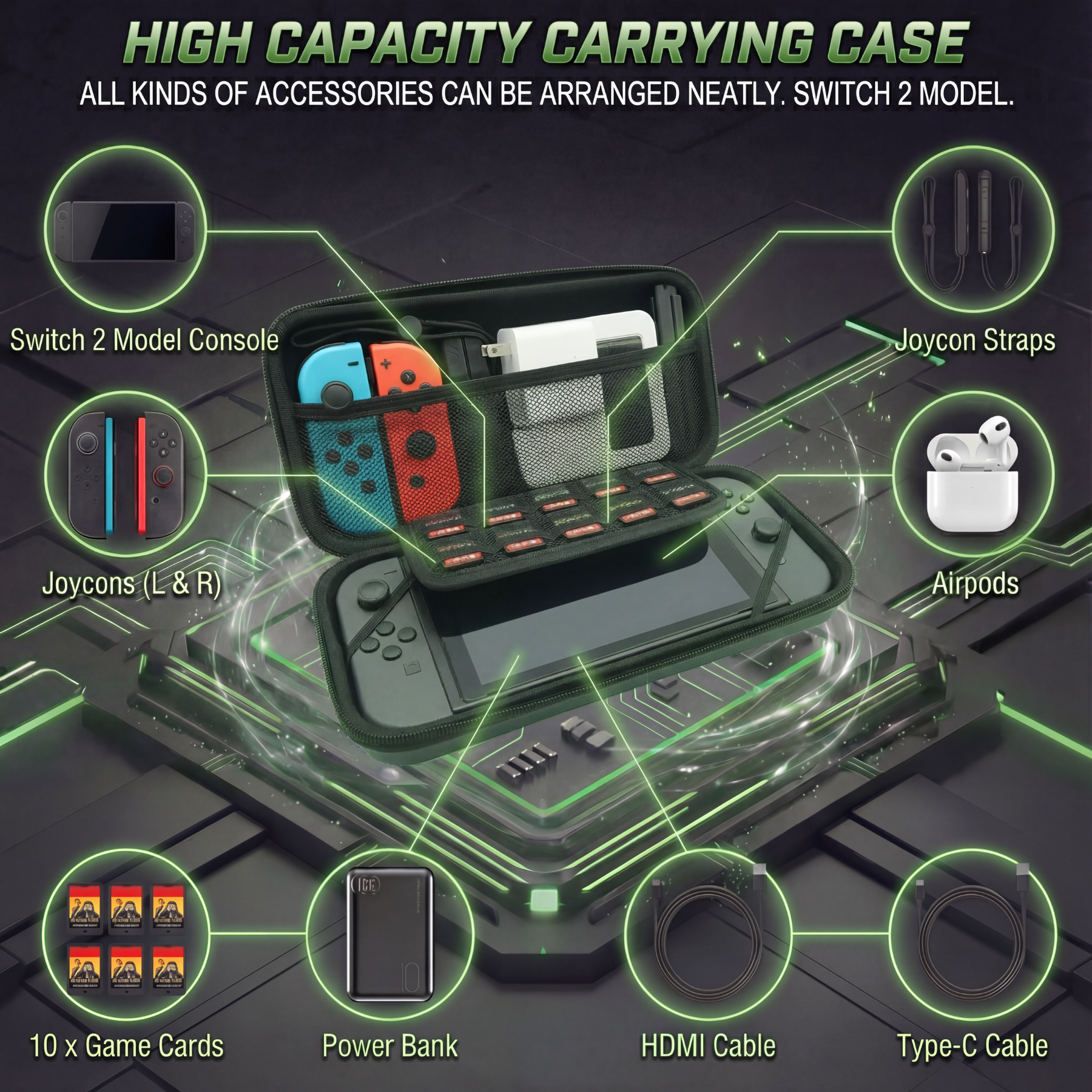 Black Luggage-Grade Hard Shell Carrying Case for Nintendo Switch 2